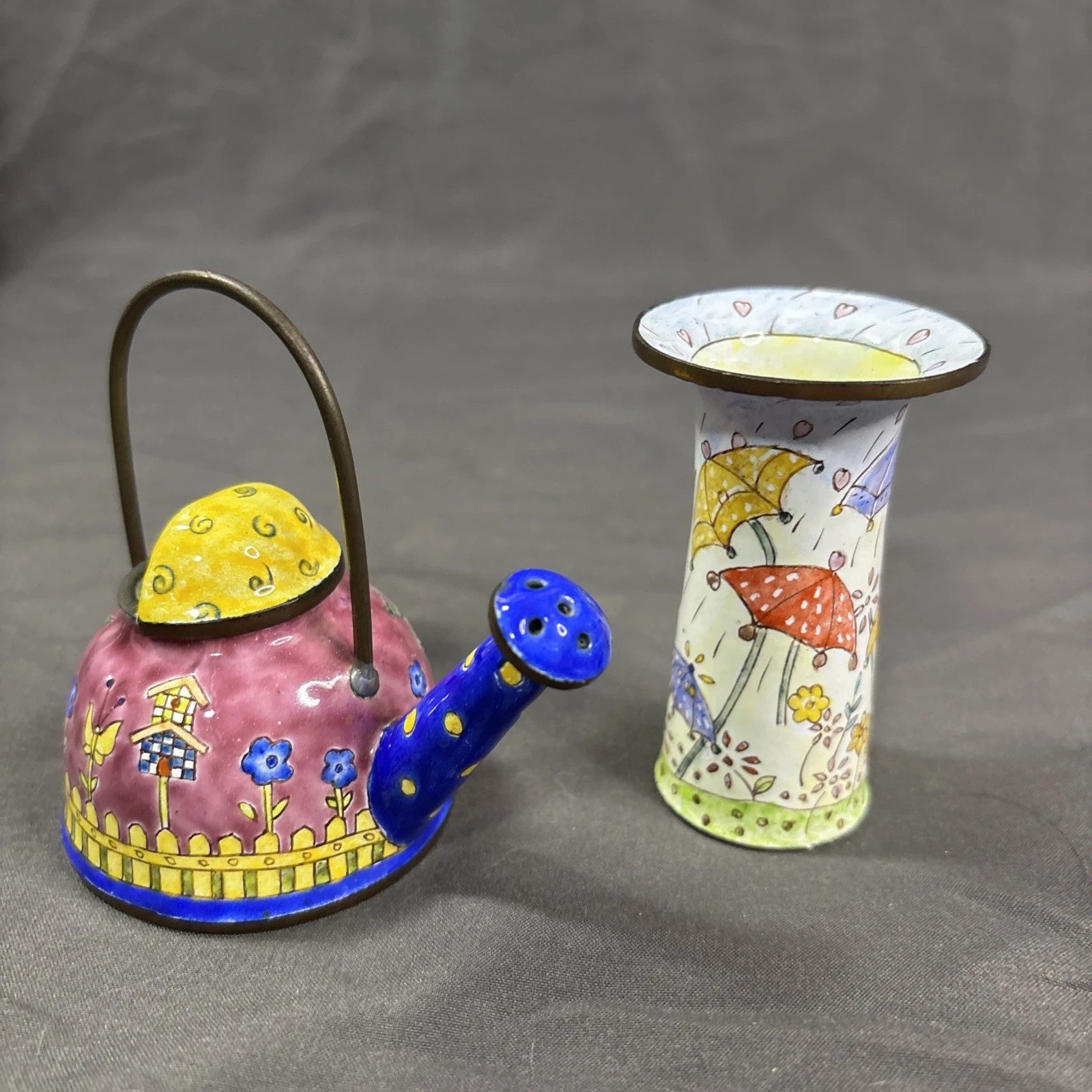 Vintage Empress Art Miniature Enamel &Brass Tea Pot And Bud Vase