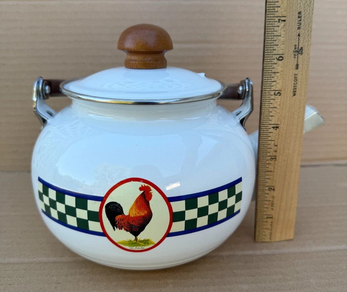 Bob Timberlake Rooster Whistling Kettle Tea Pot Enamel Checkered Board