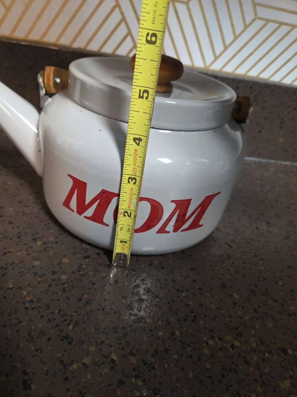 Vintage Enamelware White Teapot Tea Kettle MOM 70's