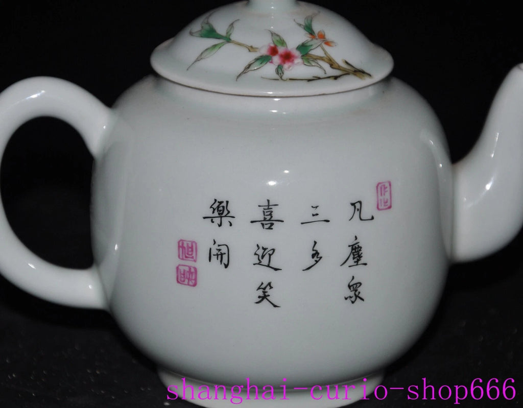 6"China Qing Yongzheng enamel porcelain shoutao Peach text Tea set Teapot statue