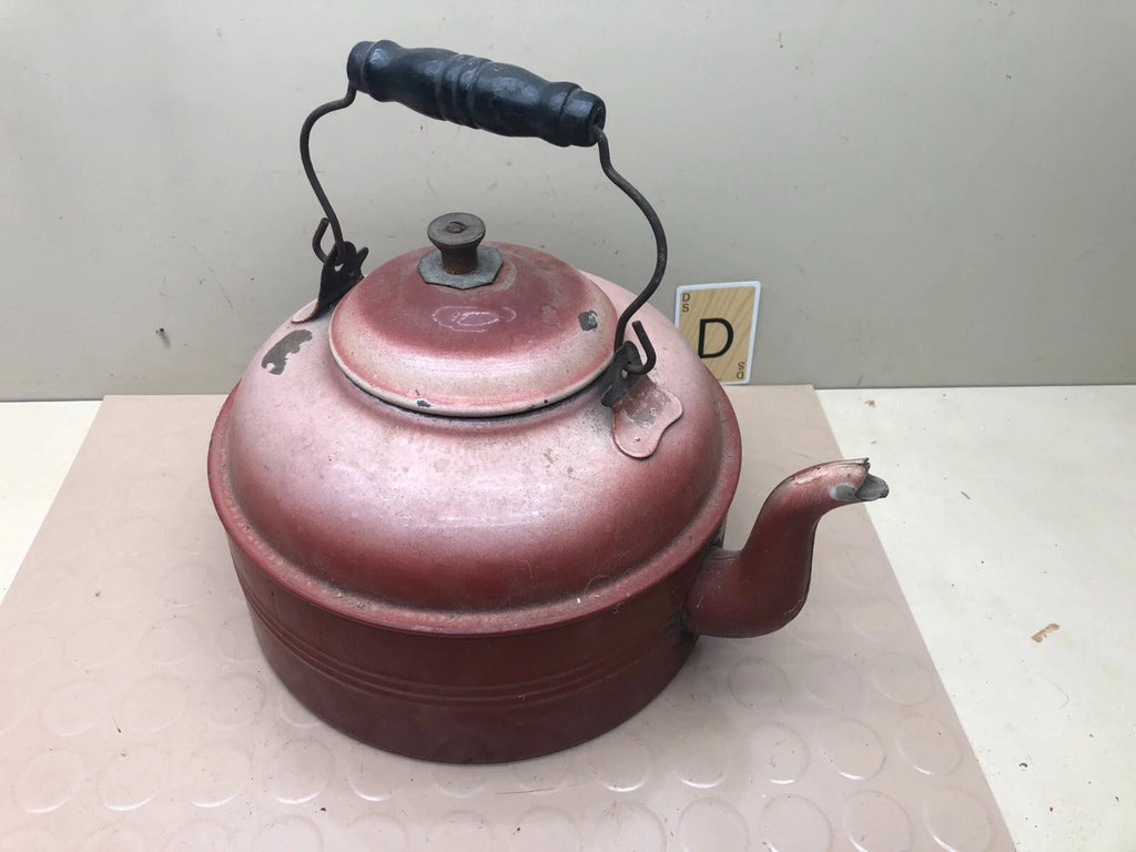 Vintage Enamelware? Tea Kettle Teapot with Wooden Handle