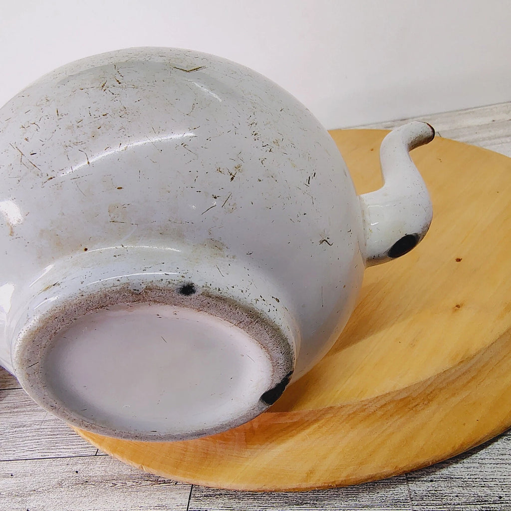 Vtg Enamelware Teapot Kettle Farmhouse Decor Rustic Kitchen White Primitive