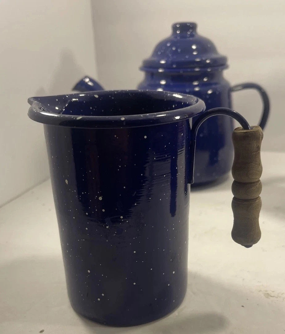 Enamelware Speckled Blue Tea Pot Kettle, Cup And Small Picher