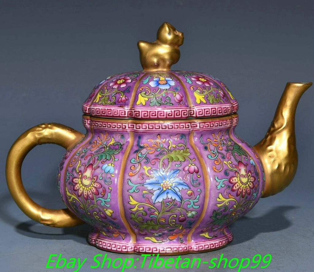 7'' Qianlong Marked Enamel Colour Porcelain Gold  Flower Wine Tea Pot Flagon