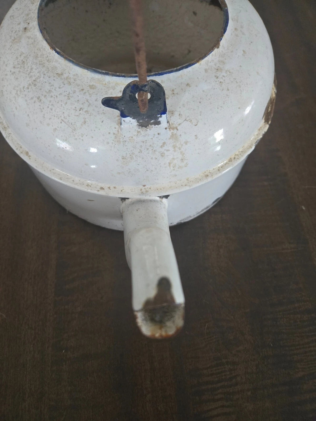 ENAMEL White Antique Tea Kettle Pot Wood Handle-No Lid