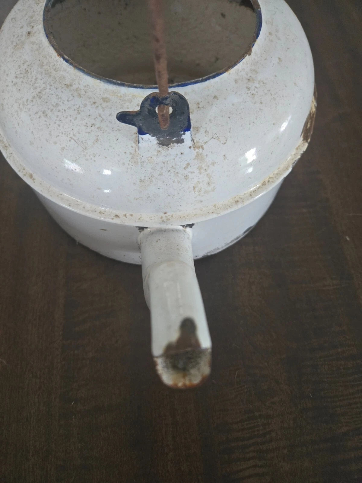 ENAMEL White Antique Tea Kettle Pot Wood Handle-No Lid
