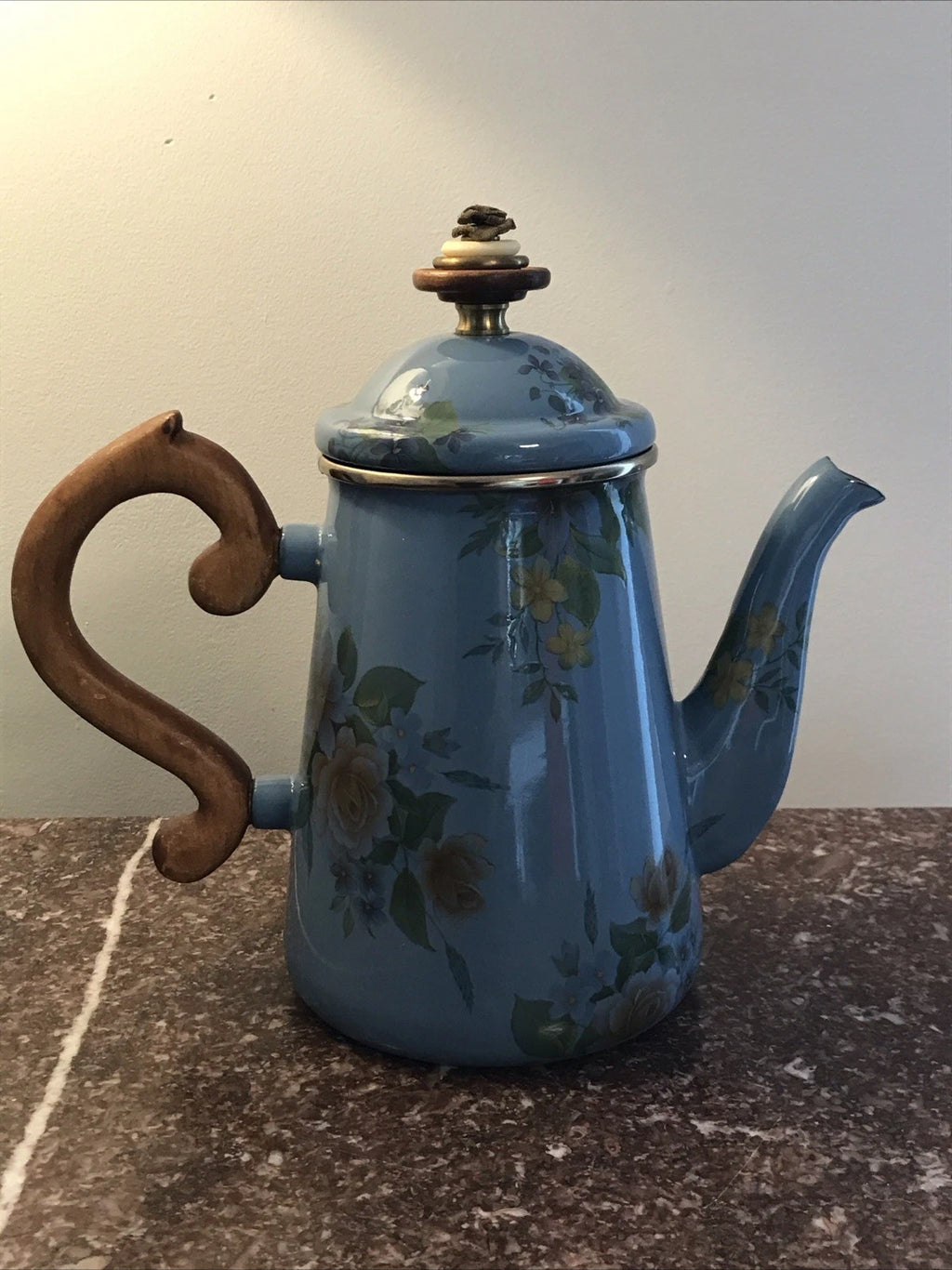 Mackenzie Childs 1983 Victoria Richard Blue Floral Enamel Coffee Tea Pot 8”