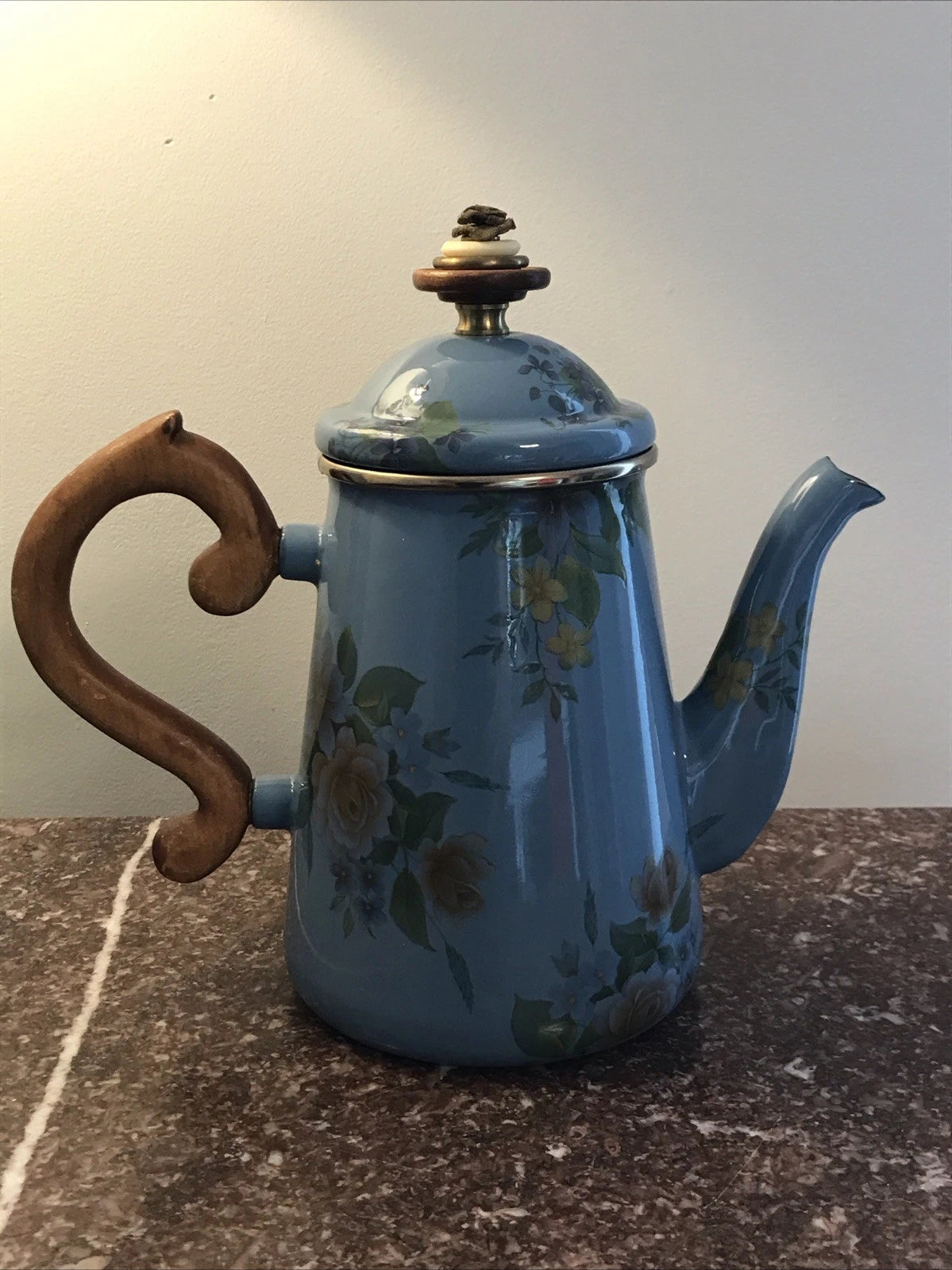 Mackenzie Childs 1983 Victoria Richard Blue Floral Enamel Coffee Tea Pot 8”