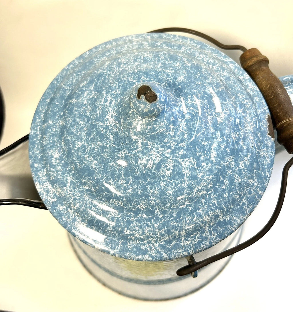 Large Granite Ware Enamel Ware  Blue White Splatter Swirl Teapot Vintage