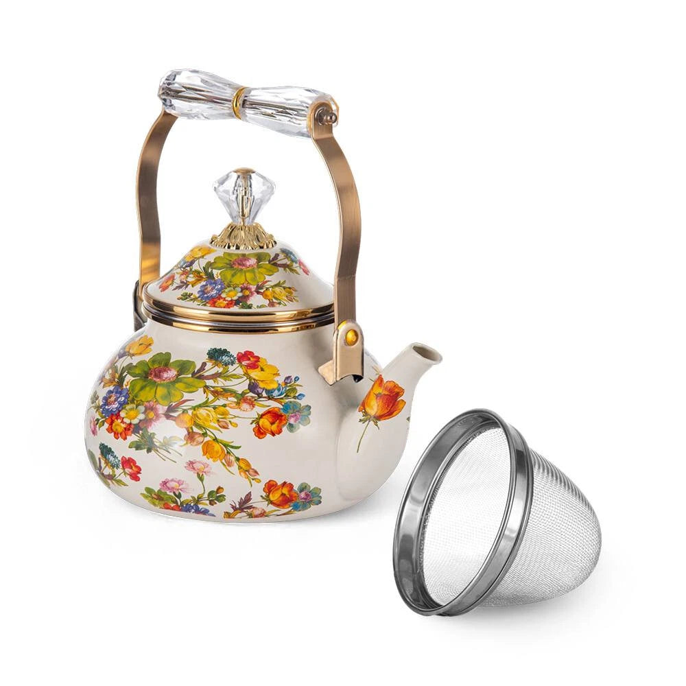 Floral Teapot with Infuser Enamel Flower Garden Perfect for  Tea & Coffee 2.5L
