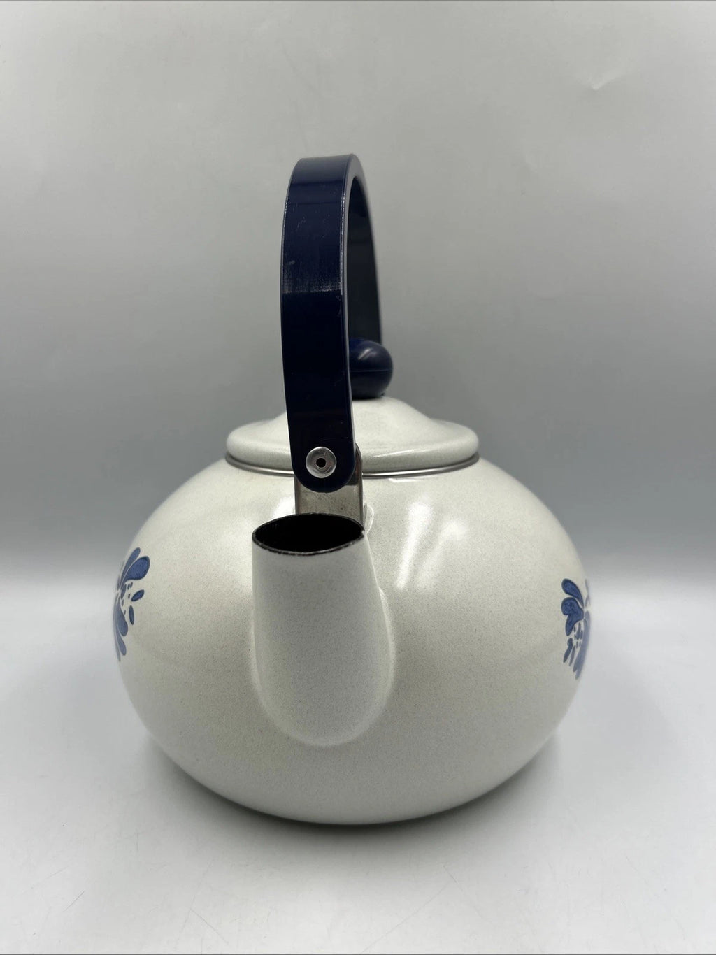 Vintage Pfaltzgraff Yorktowne Porcelain Enamel Tea Kettle with Blue Metal Handle