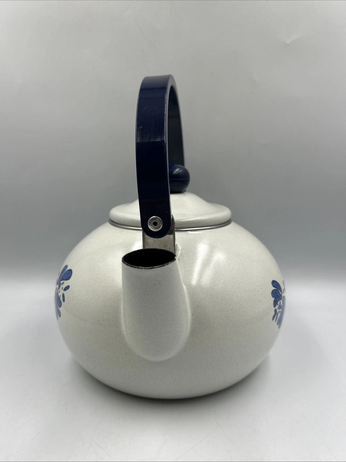 Vintage Pfaltzgraff Yorktowne Porcelain Enamel Tea Kettle with Blue Metal Handle