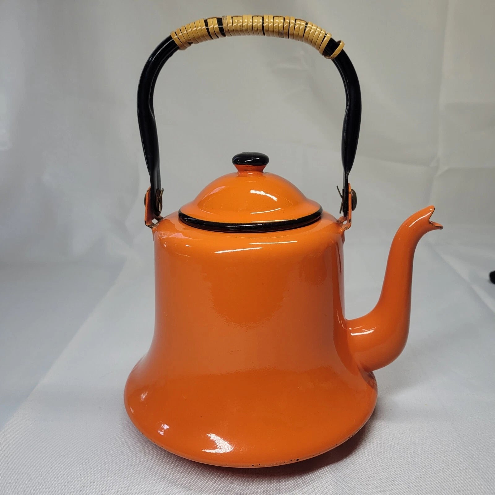 Vintage MCM Orange Black Baked Enamelware Tea Pot Kettle Japan Mod Kitchen