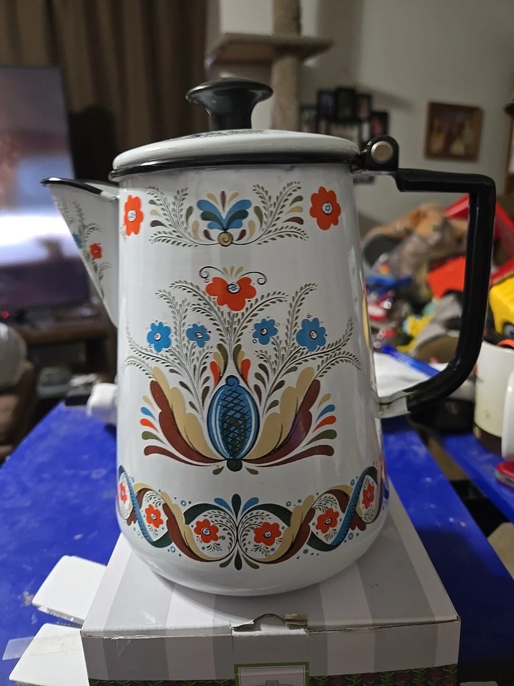 Vtg Berggren Folkart Teapot Kettle Enamel Painted Decorativ Percolator Stove Pot