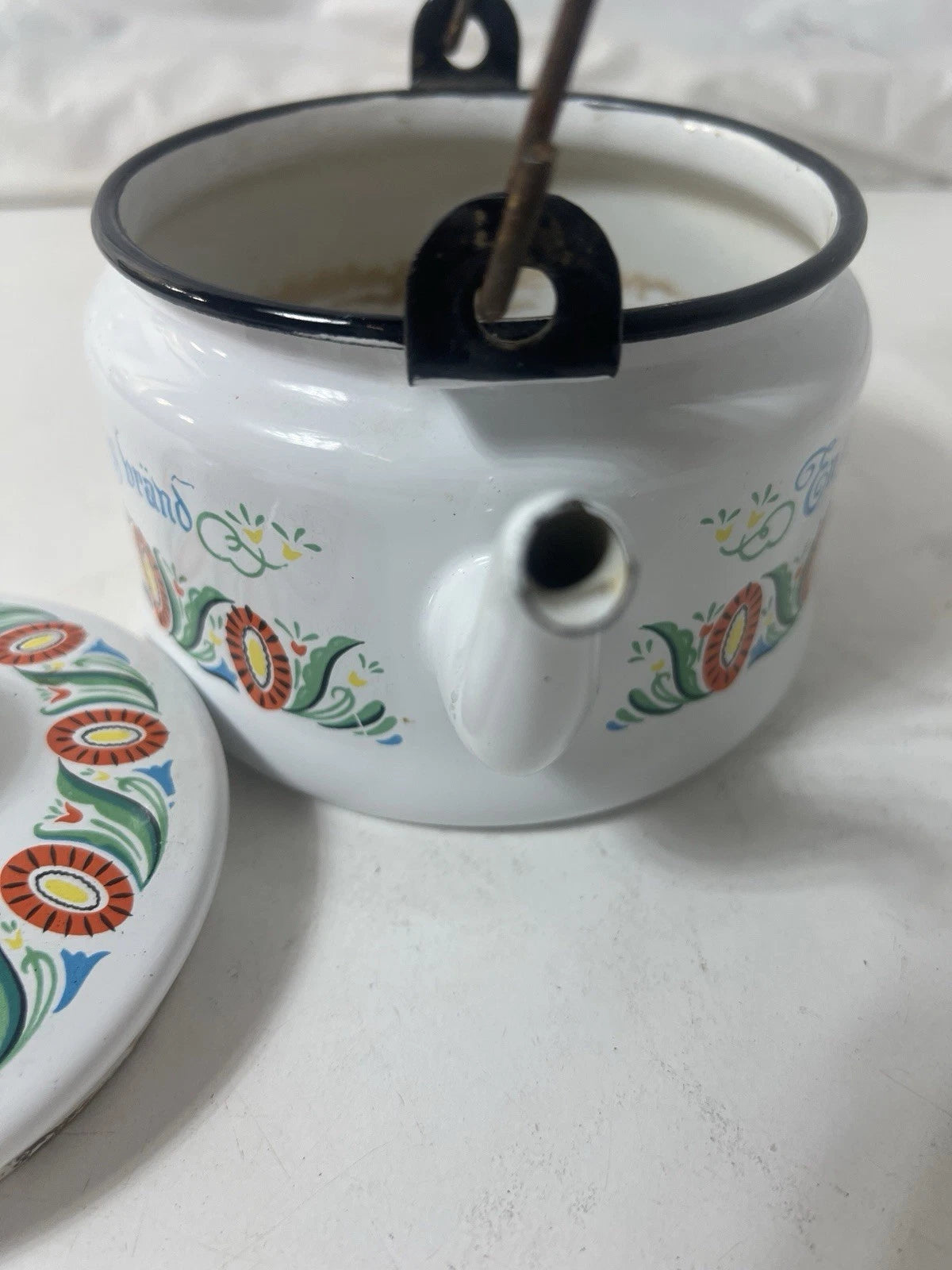 Swedish Folk ArtVINTAGE ENAMEL TEAPOT KETTLE ENAMELWARE script