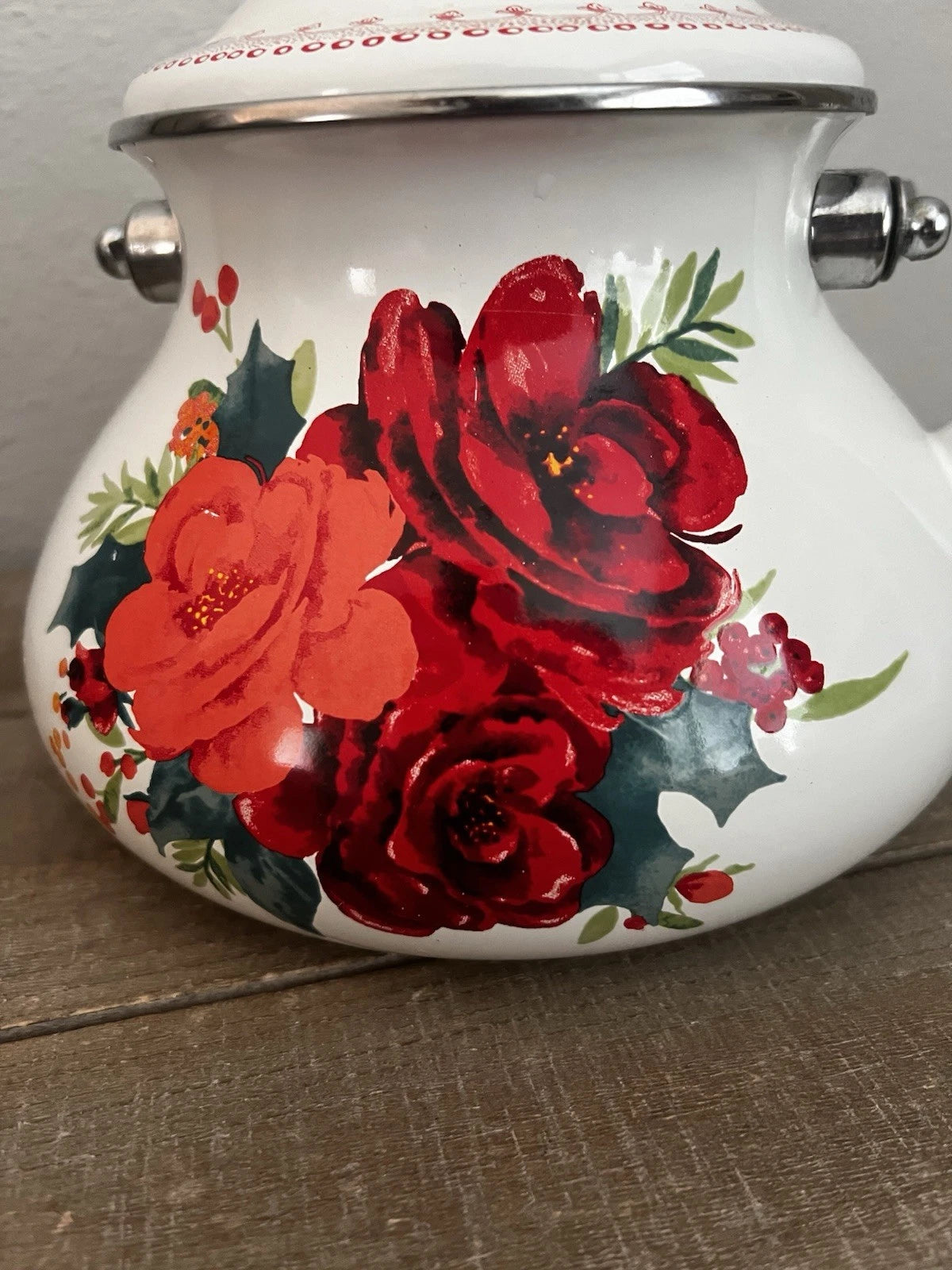 Pioneer Woman Floral Enamel Teapot Tea Kettle In White Cheerful Rose