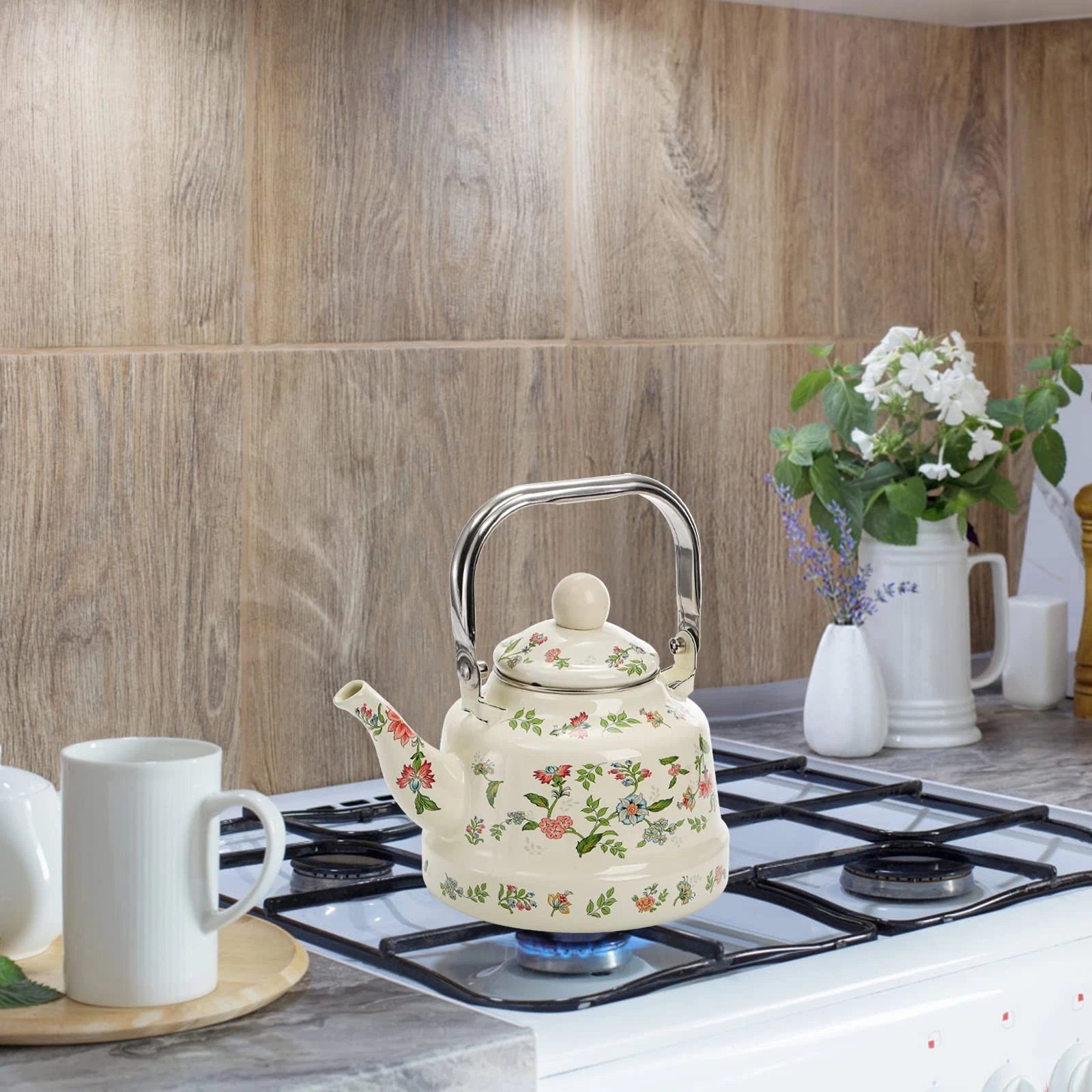 1.8 Quart Vintage Enamel Stovetop Tea Kettle, Retro Green Floral Enamel on St...