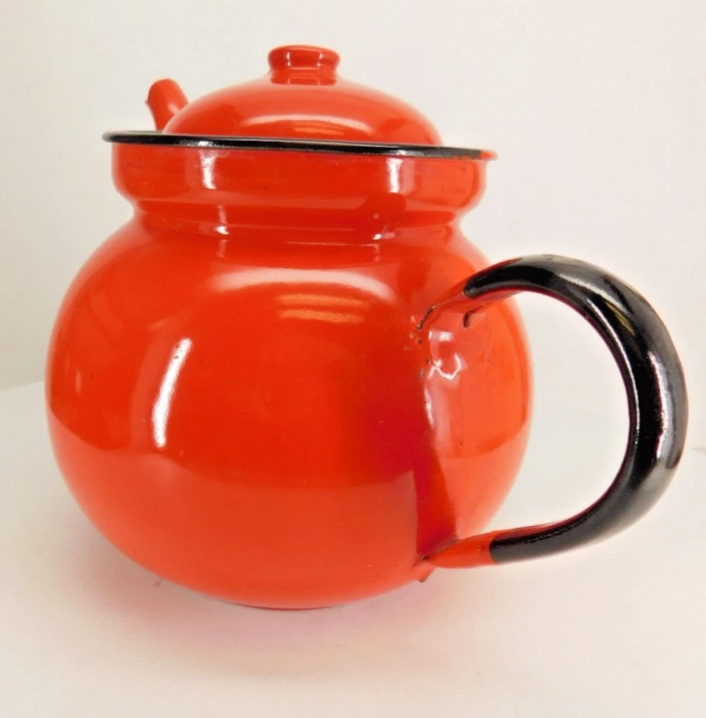 Huta Silesia Polish Enamelware Tea Kettle Red Enamel 14 Poland Vintage 1970's