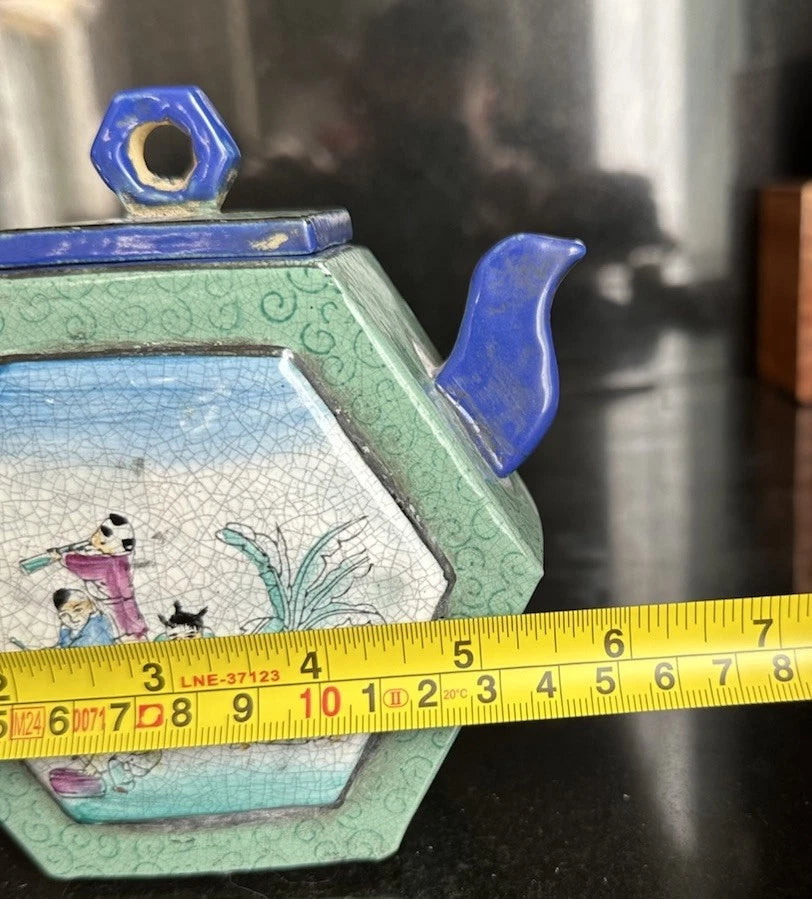 Chinese Enameled Yixing Pottery Teapot With Figures And Seal Mark