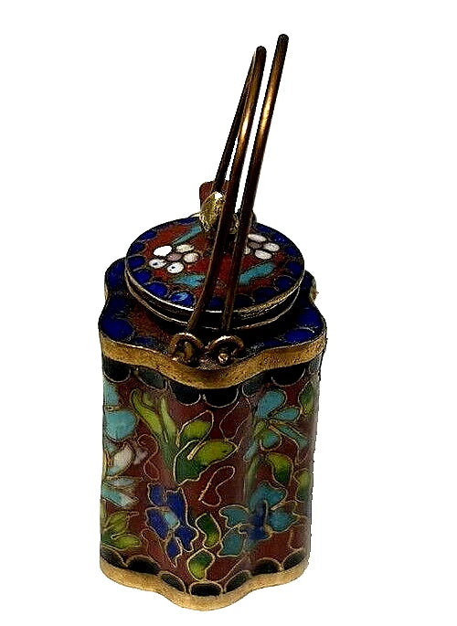 Vintage CHINESE CLOISONNE Brass and Enamel BROWN Miniature TEAPOT Floral Lid