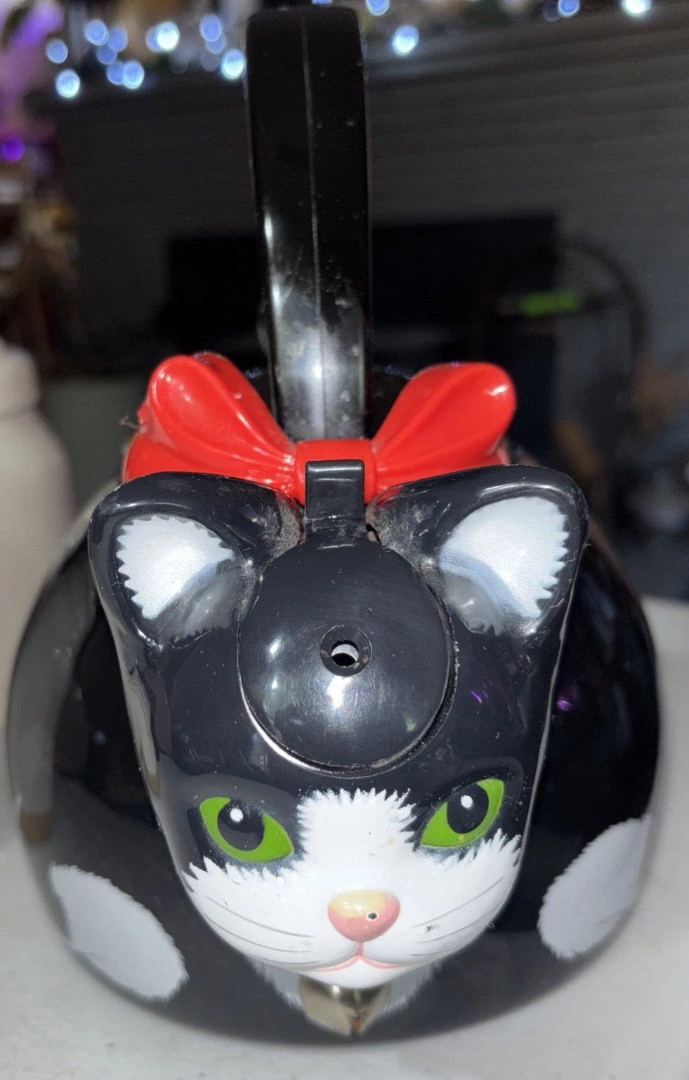 Vintage 1995 Via Ancona Metal Whistling Cat Teapot With Bell Collar and Red Bow