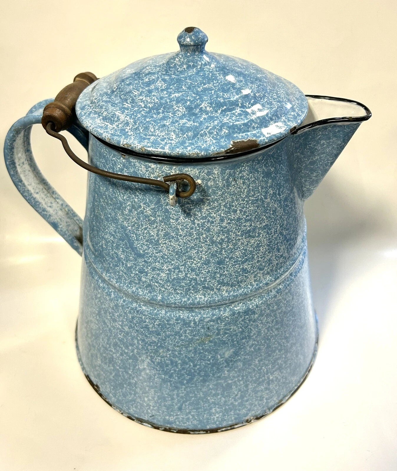 Large Granite Ware Enamel Ware  Blue White Splatter Swirl Teapot Vintage