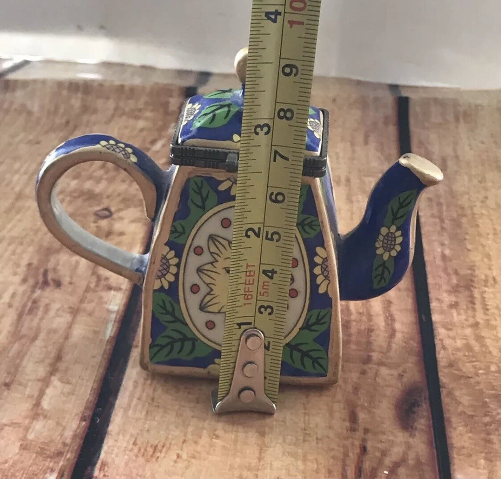 Miniature enamel teapot Sunface Yellow Sunflowers Porcelain 3.25H