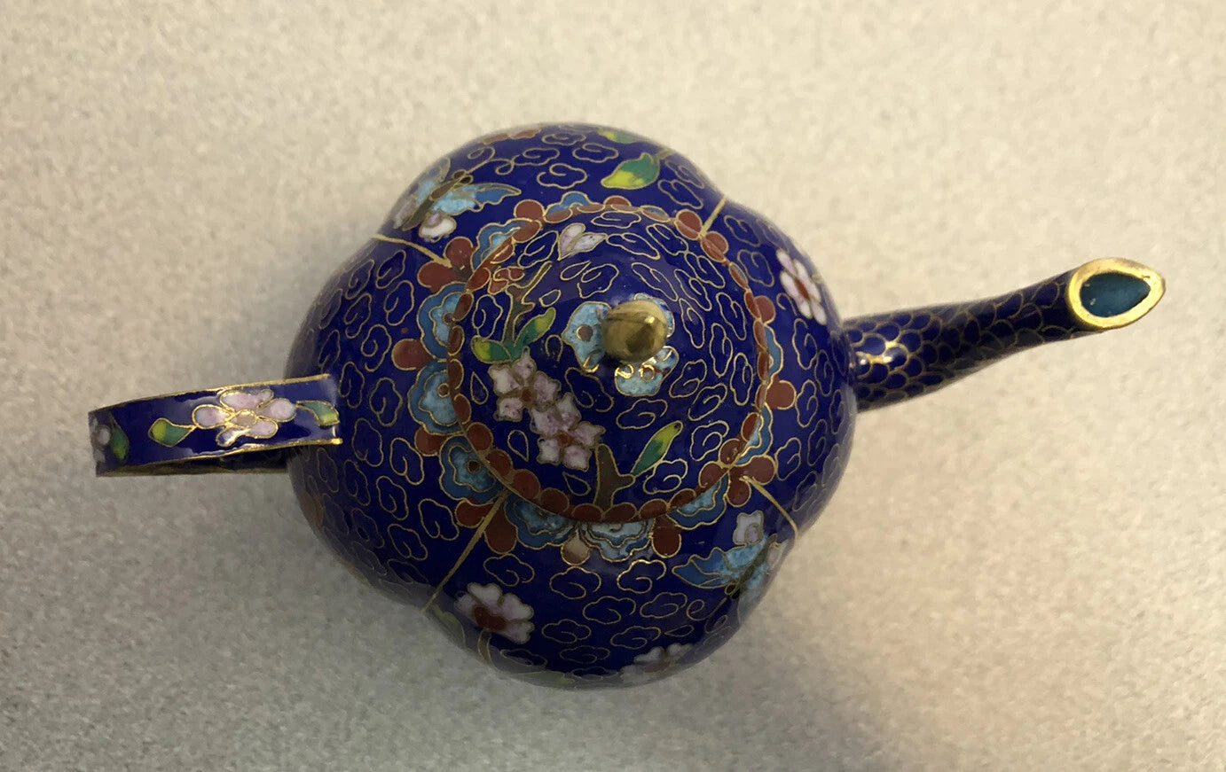Vintage Cloisonne Enamel and Bronze Navy Blue Floral Teapot