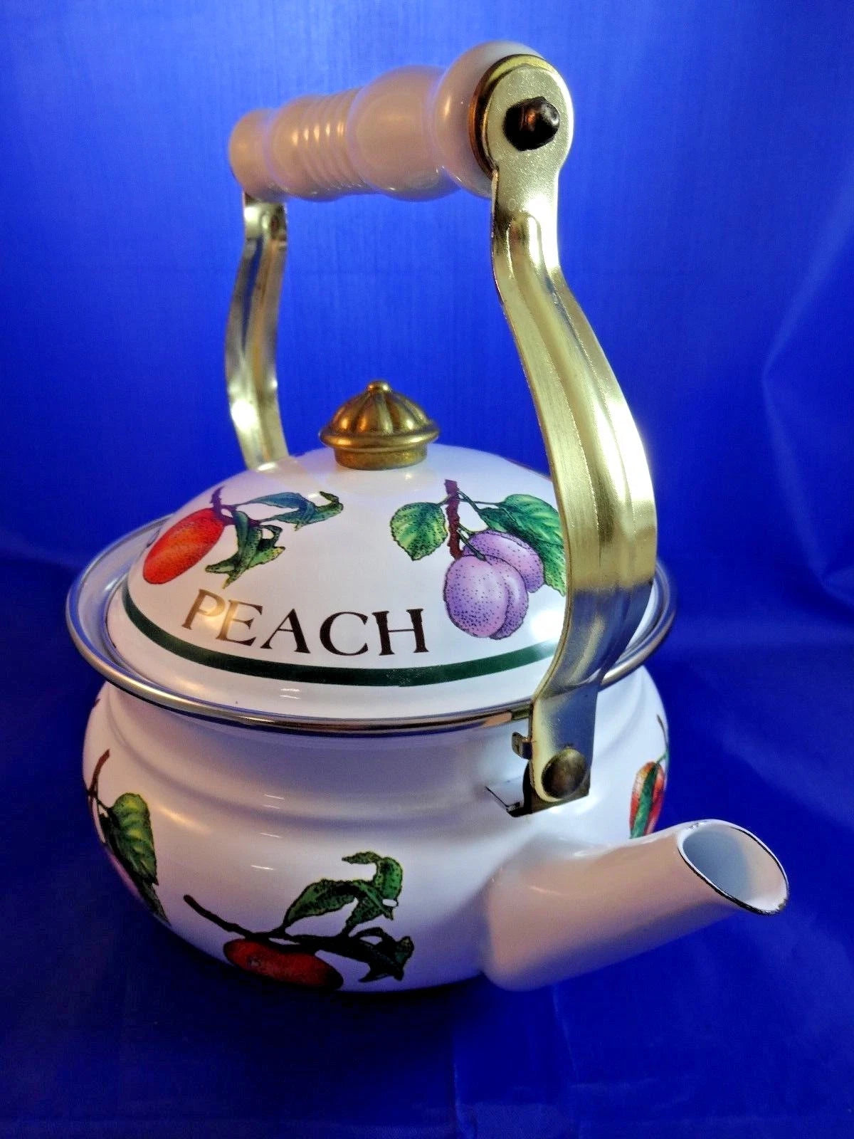 Vintage Enamel Fruit Decorated Tea Kettle Tea Pot Plum Apple Peach Pear
