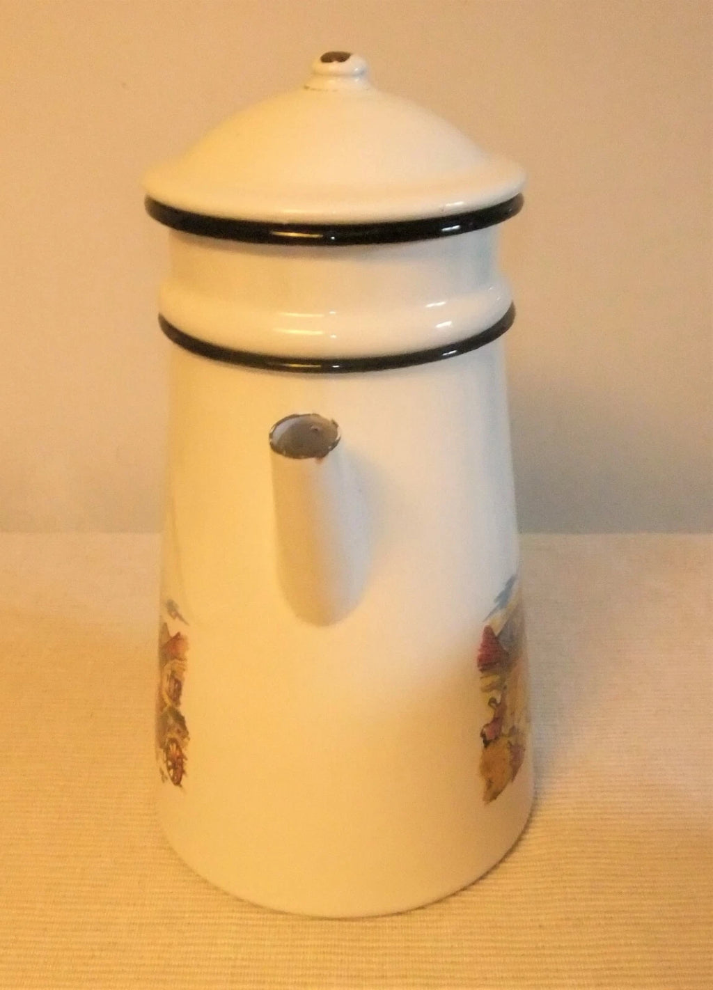 ANTIQUE SCREEN PRINTED PORCELAIN ENAMEL COFFEE MAKER OR TEAPOT