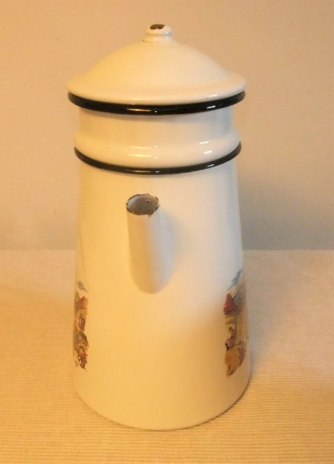 ANTIQUE SCREEN PRINTED PORCELAIN ENAMEL COFFEE MAKER OR TEAPOT