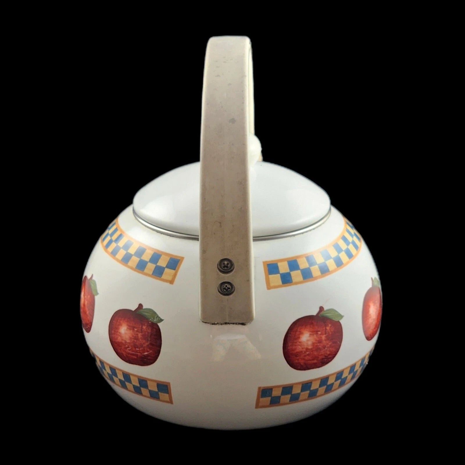 Vintage Enamel Tea Pot Country Orchard Farmhouse Apples Vtg Metal Kettle Teapot