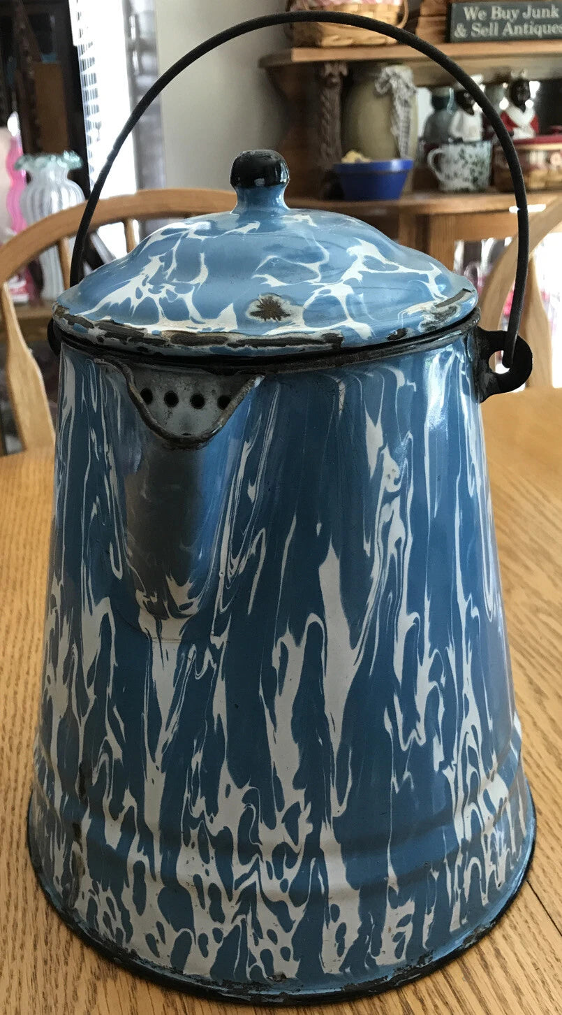 Vintage Antique Blue White Swirl Enamel Coffee Tea Pot Cowboy Kettle 11” Large