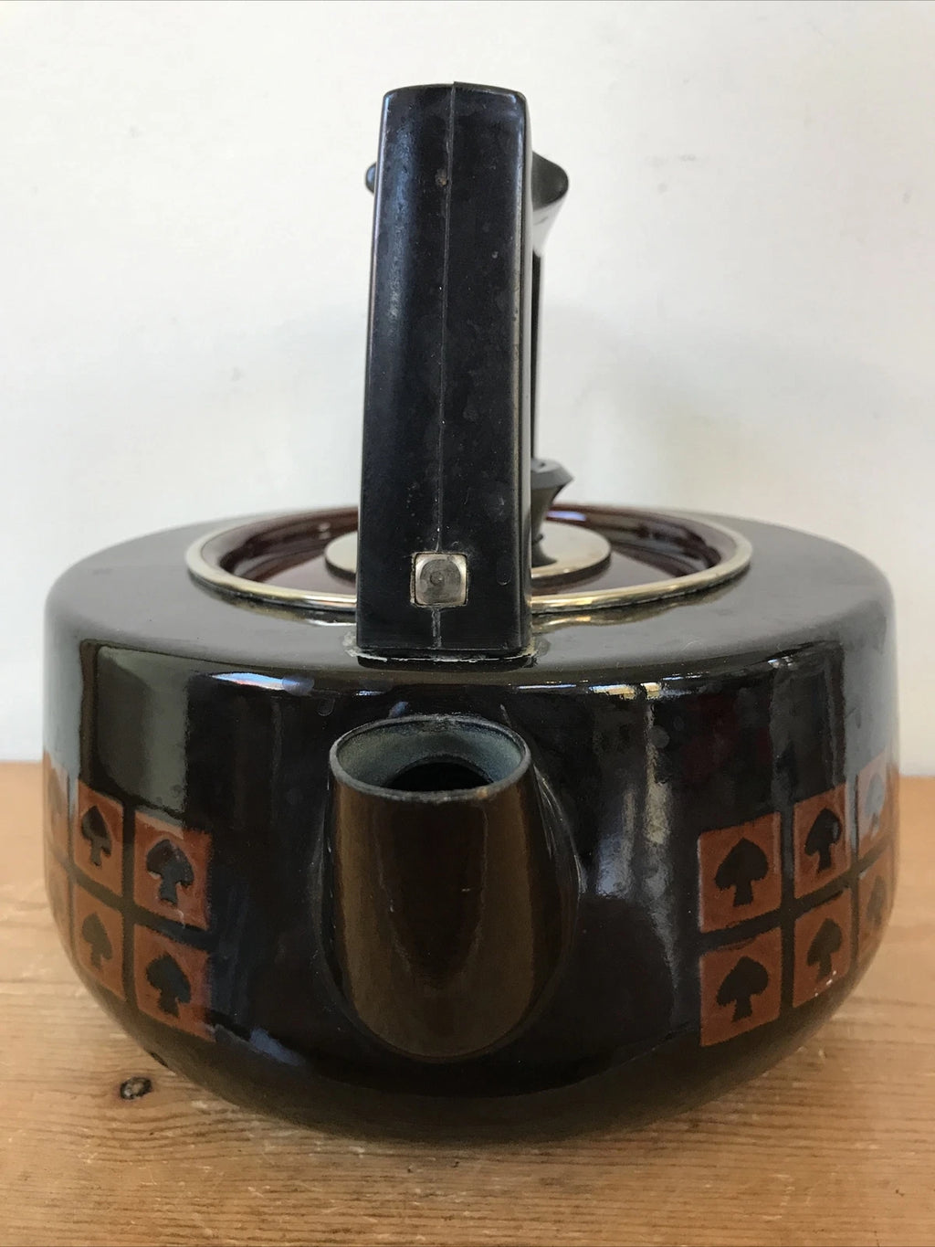 Vintage 60s 70s Mid Century Japanese Mushroom Spade Enamel Black Tea Pot Kettle
