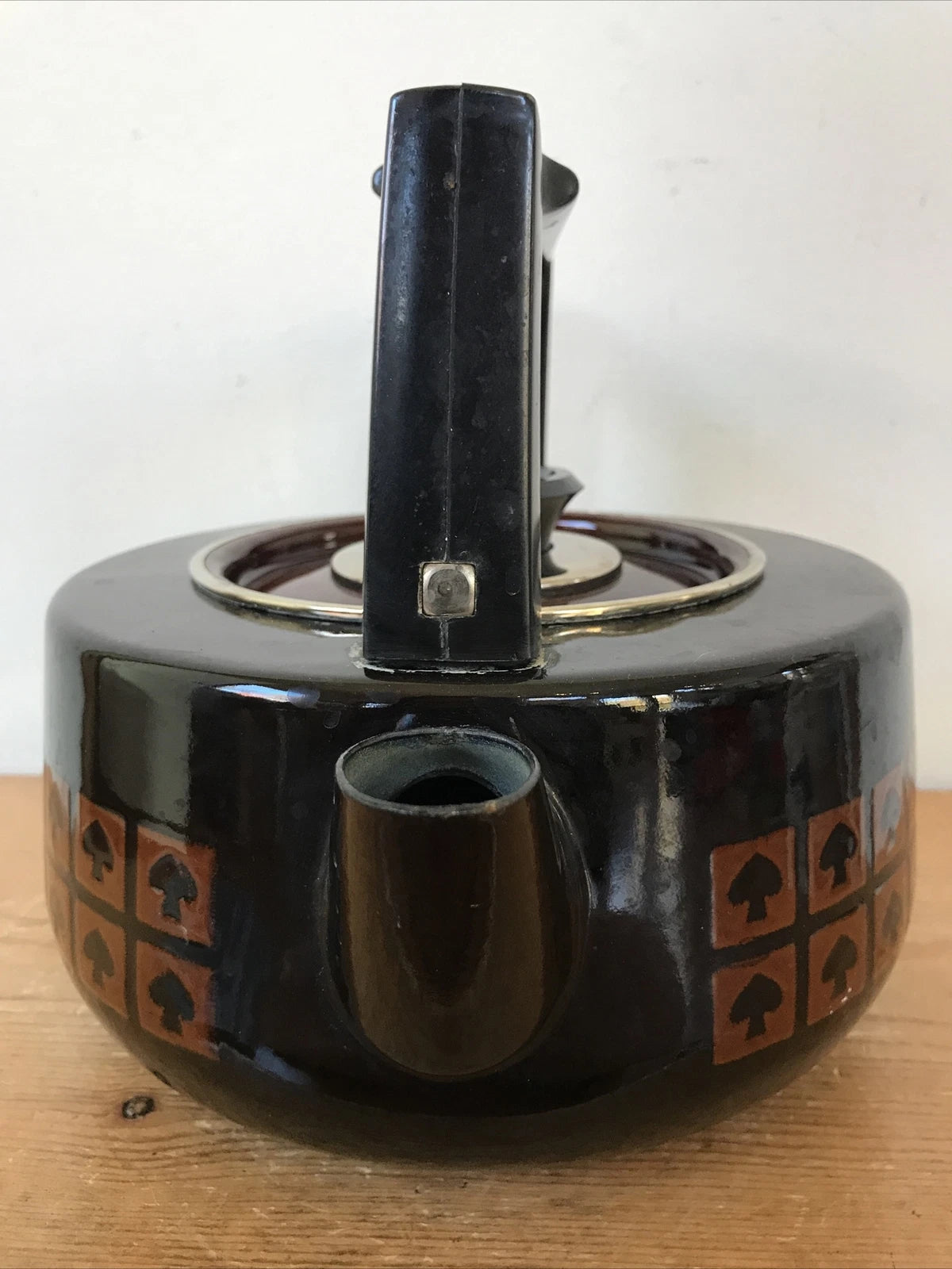 Vintage 60s 70s Mid Century Japanese Mushroom Spade Enamel Black Tea Pot Kettle