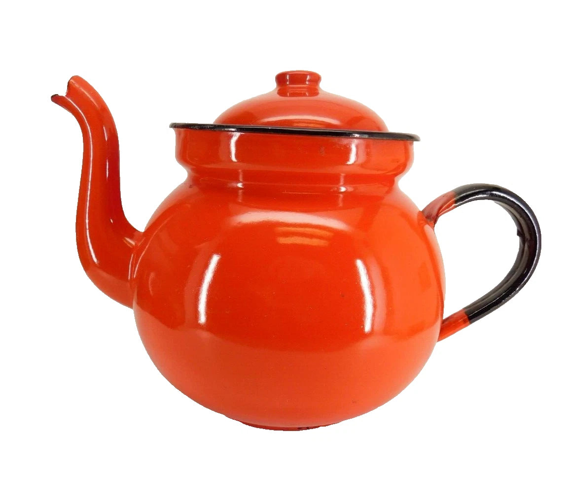 Huta Silesia Polish Enamelware Tea Kettle Red Enamel 14 Poland Vintage 1970's