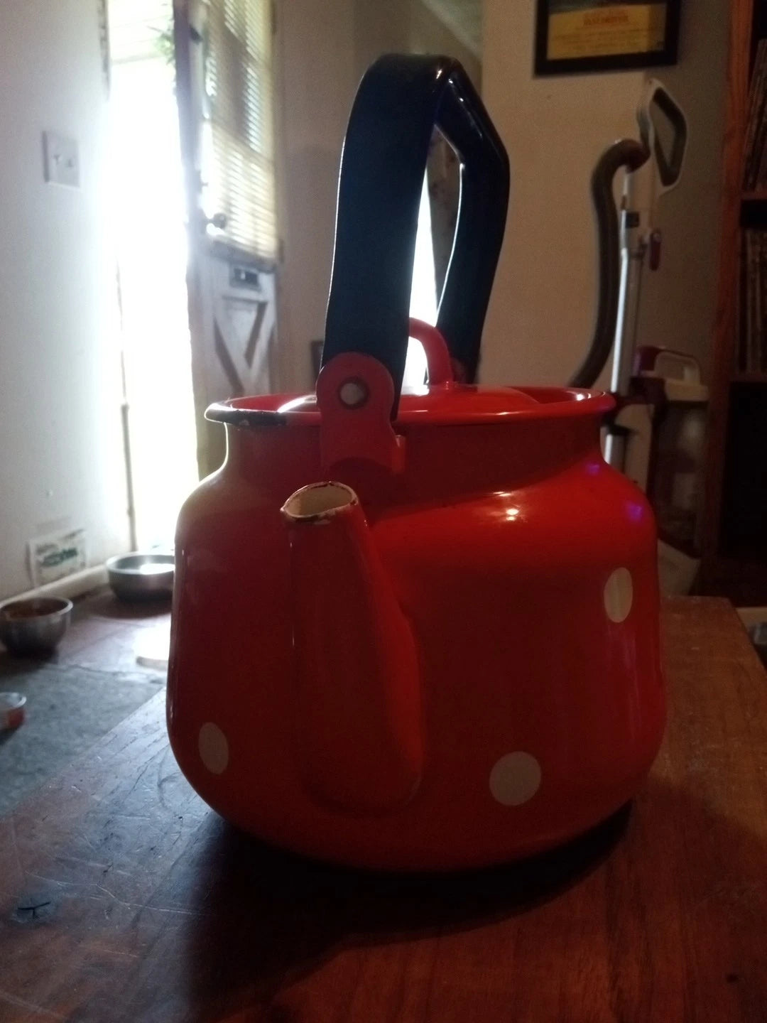 VINTAGE Soviet Enamelware Tea Kettle 3L Orange w White Dots