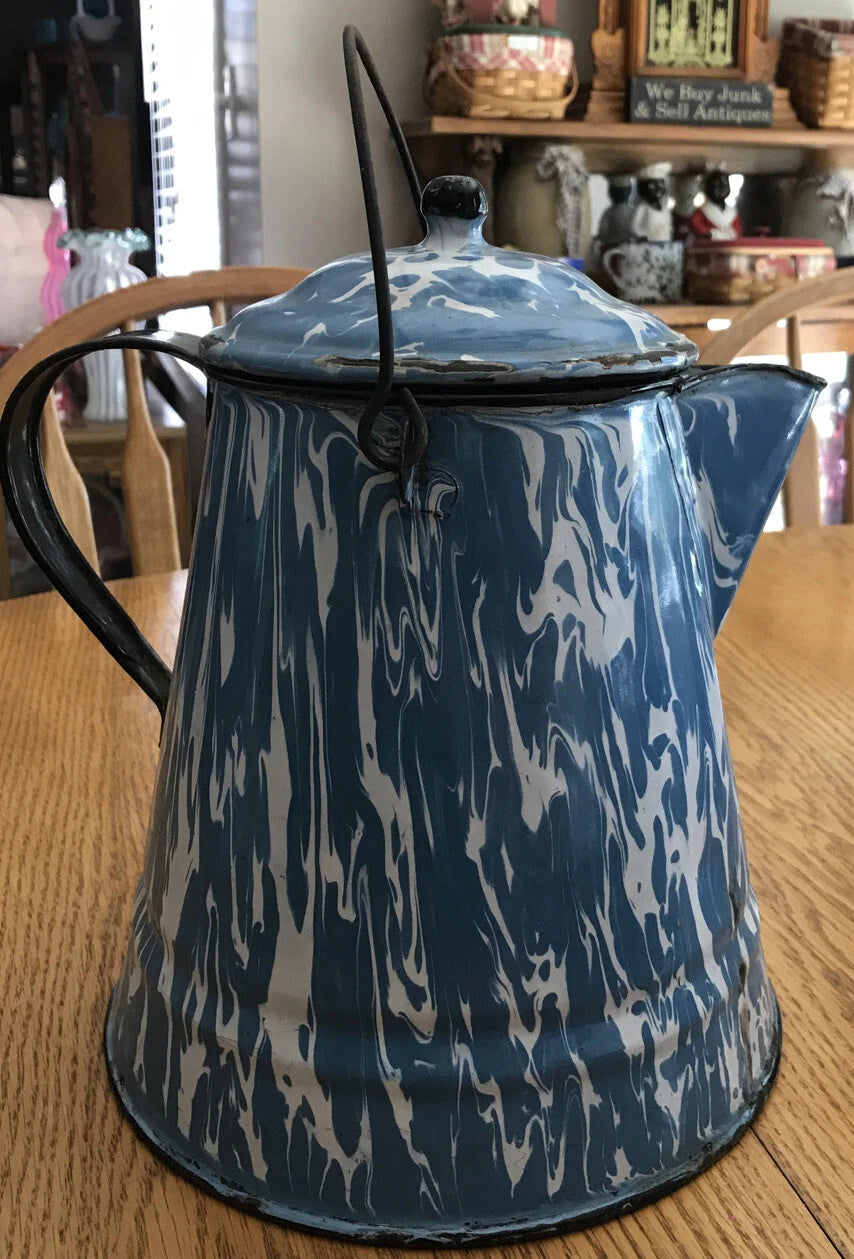Vintage Antique Blue White Swirl Enamel Coffee Tea Pot Cowboy Kettle 11” Large