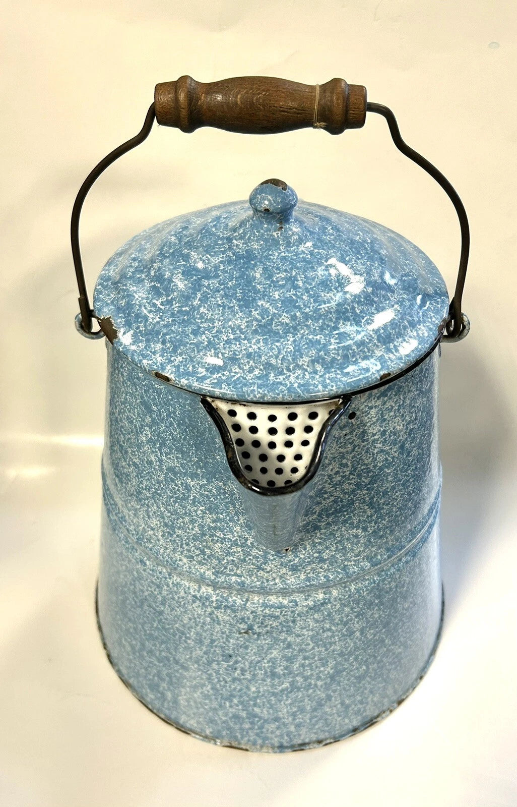 Large Granite Ware Enamel Ware  Blue White Splatter Swirl Teapot Vintage
