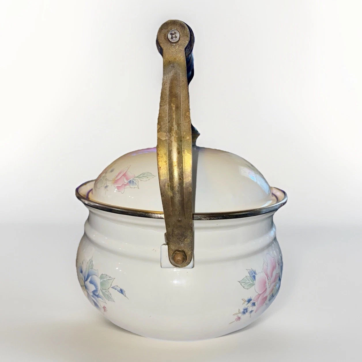 Vintage Pfaltzgraff Tea Rose Enamelware Kettle w/Lid - Black Handle - Some Rust