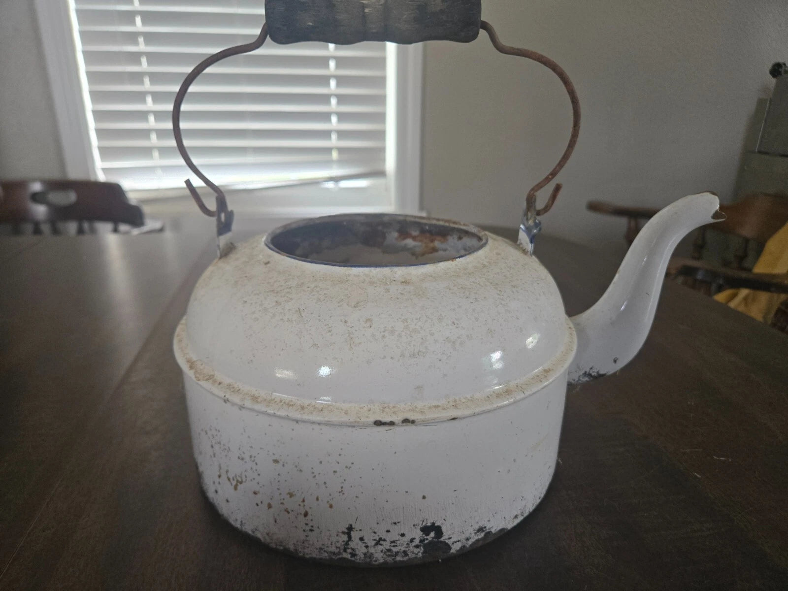 ENAMEL White Antique Tea Kettle Pot Wood Handle-No Lid
