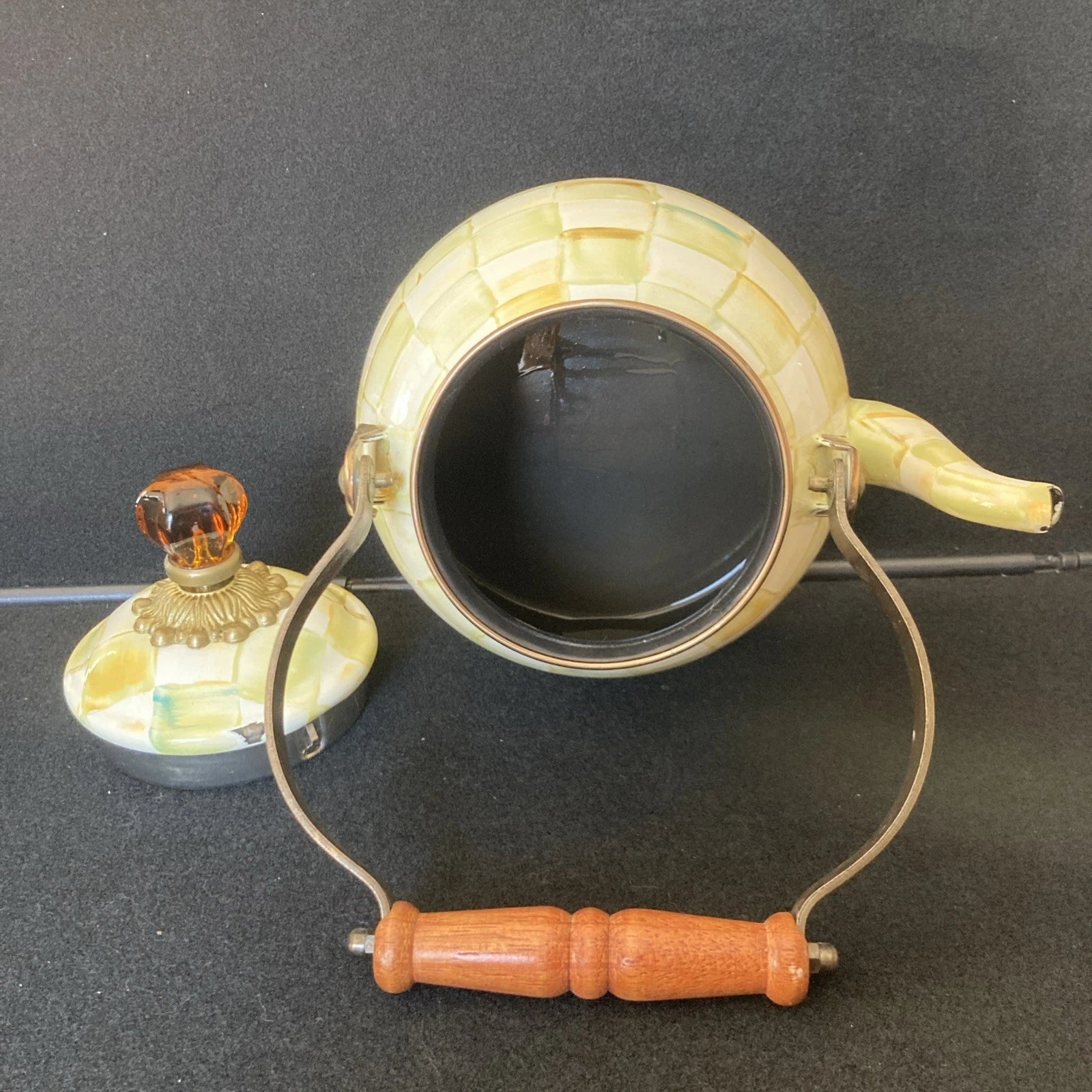 MACKENZIE-CHILDS 2 QT Teapot Kettle PARCHMENT CHECK Retired Color Enamel Loss