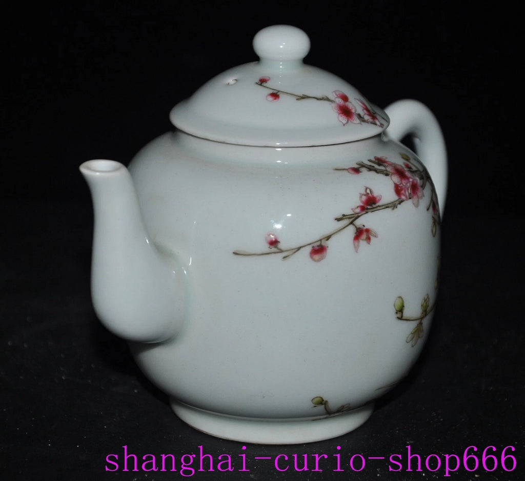 6.4"Qing Dynasty Qianlong enamel porcelain Plum blossom Tea set Teapot statue