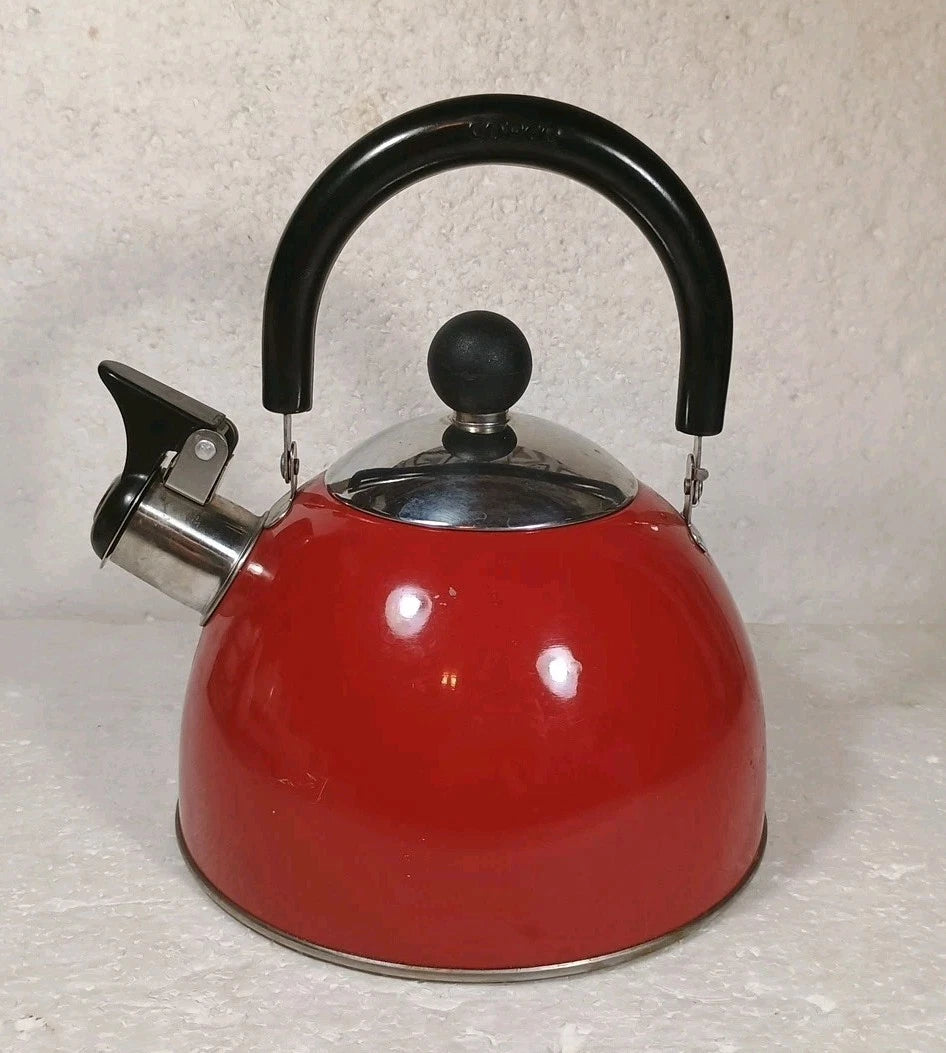 Copco 0314 Red Enamel Over Stainless Steel 8 Cup Whistling Tea Pot