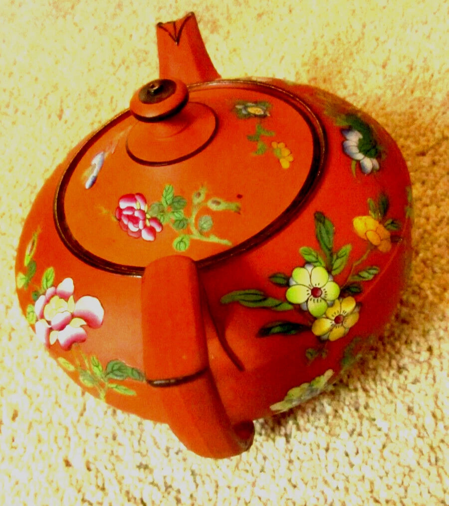 RARE Antique Wedgwood Pottery Enamel Rosso Antico Chinoiserie Teapot w Lid