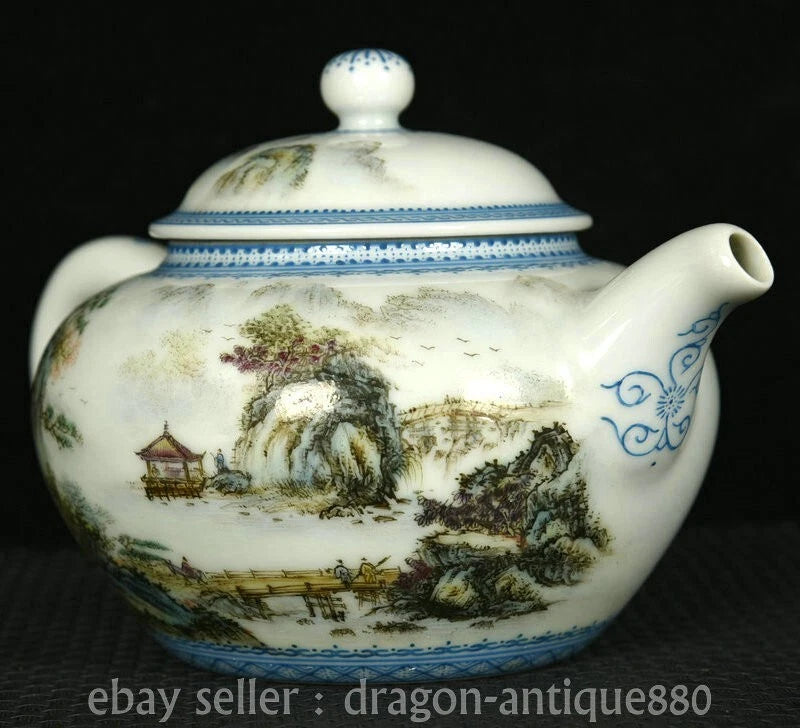 6.4" Ancient China QIanlong Marked Colour Enamel Porcelain landscape Teapot Pot