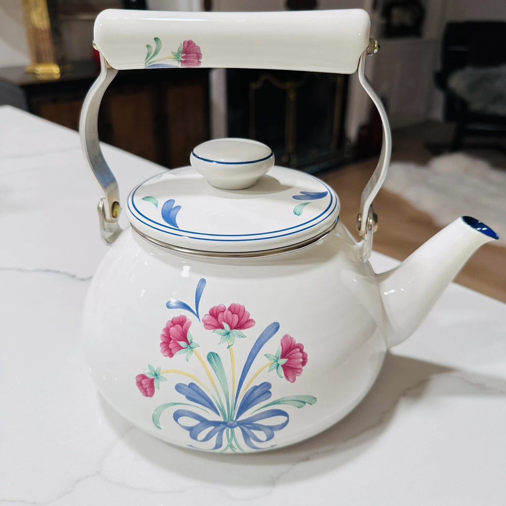 VINTAGE LENOX POPPIES ON BLUE METAL ENAMEL TEA POT KETTLE 8 CUP USA RARE