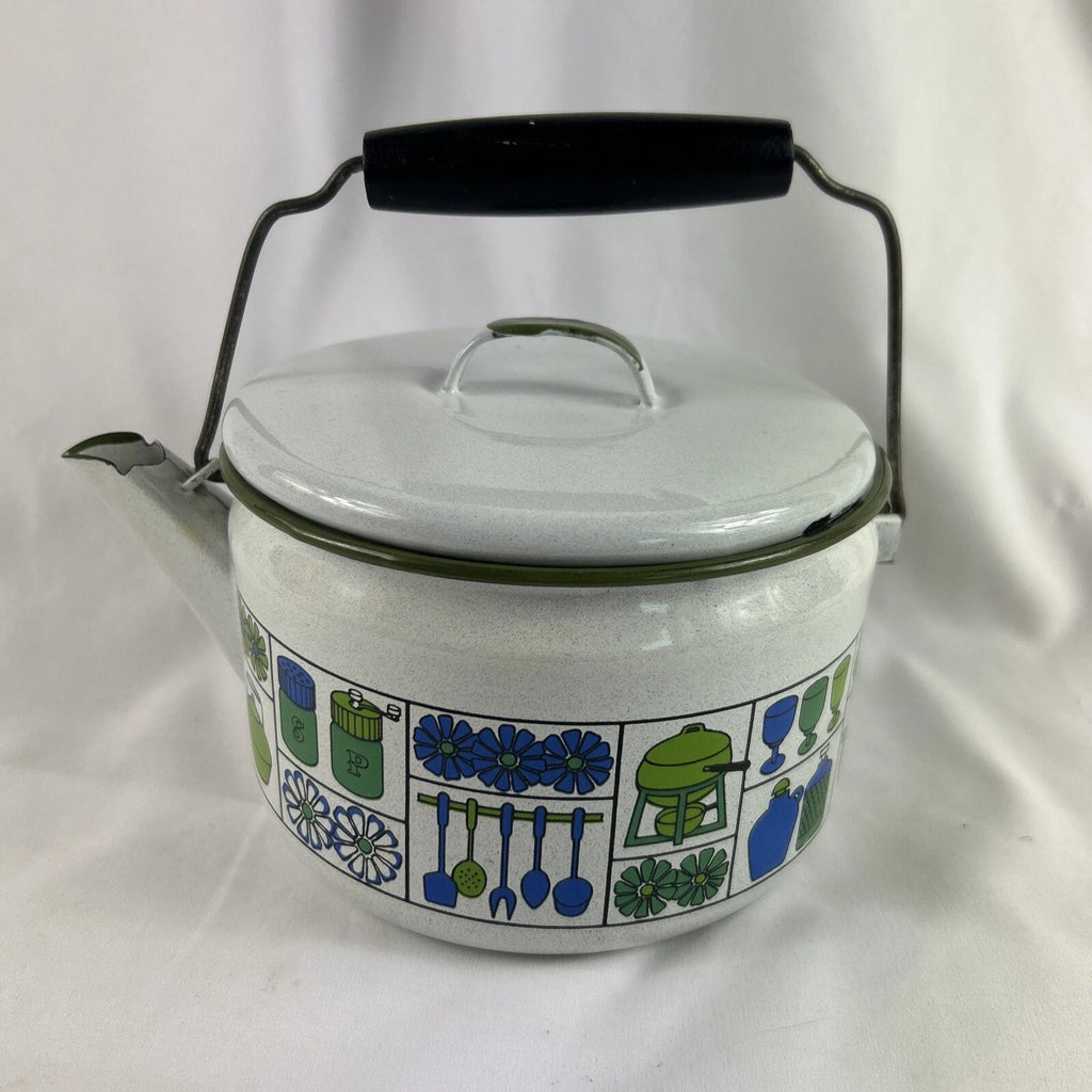White Enamel Metal Tea Pot Kettle Wood Handle Blue Green Kitchen Retro