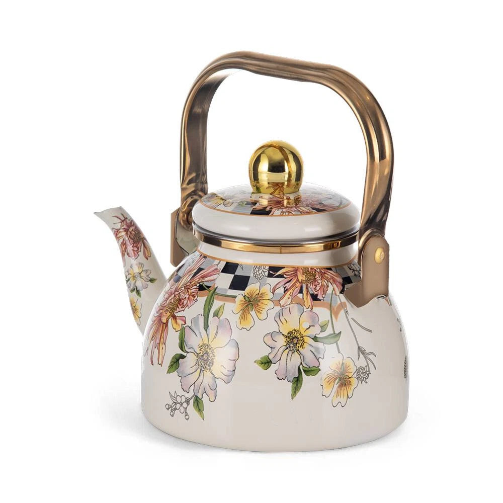 Enameled Flower Garden Tea Pot Kettle Floral Teapot with Infuser 1.2L