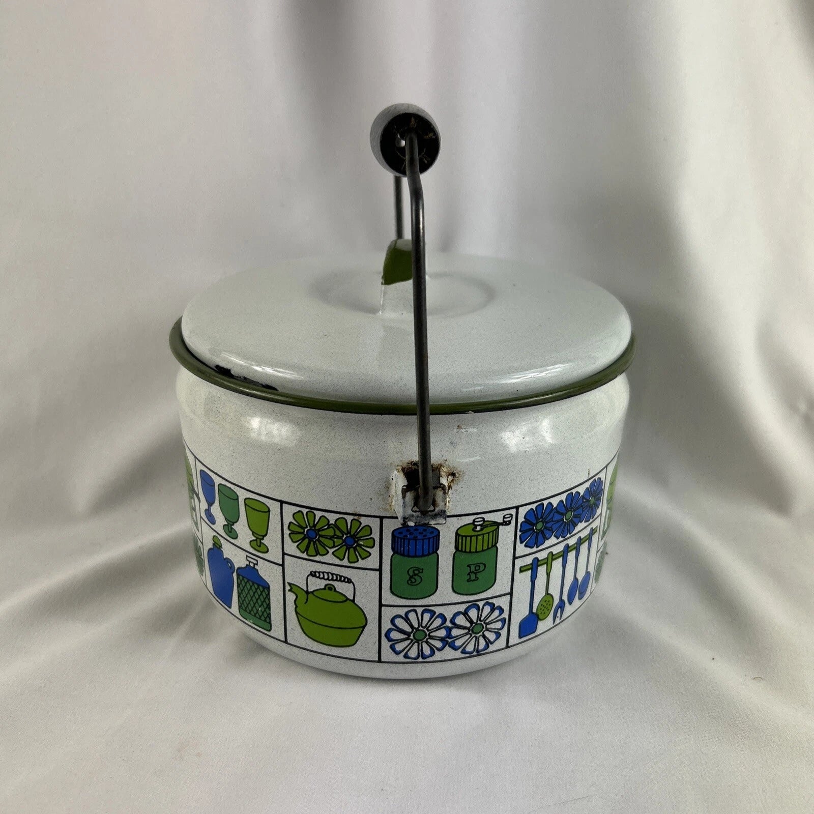 White Enamel Metal Tea Pot Kettle Wood Handle Blue Green Kitchen Retro